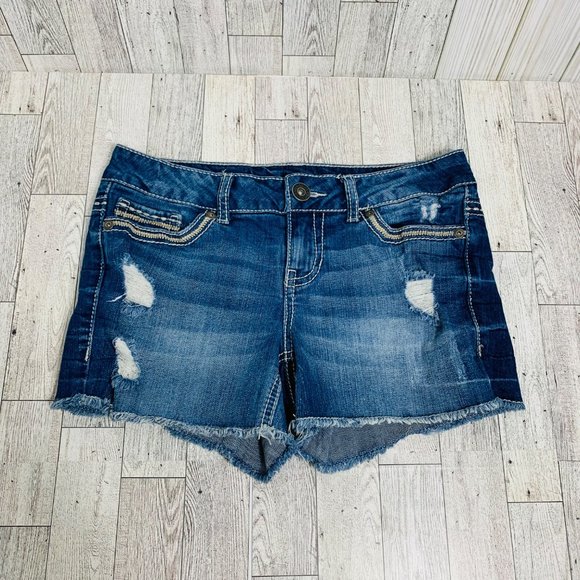 Maurices Embroidered Jean Shorts Juniors Sz XS Blue Denim Destroyed Cutoff Stret - Picture 10 of 11